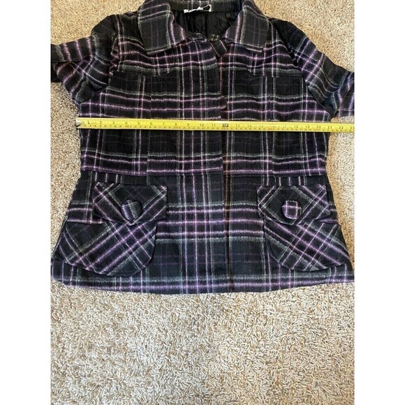 Keren Hart Coat Purple Buffalo Plaid Wool Blend Jacket Size Large Pockets - Picture 7 of 11